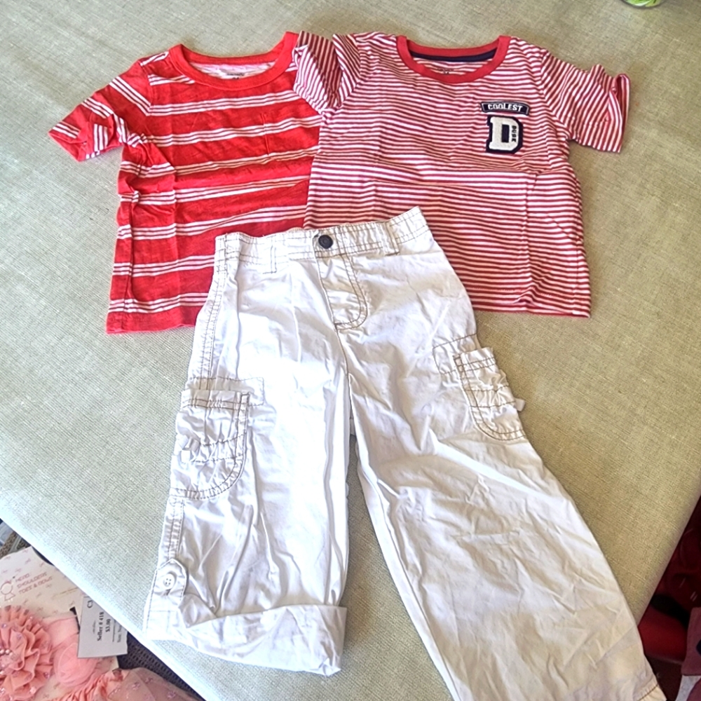 Carter's 18-24 month 2 Red Striped Tees & White Adjustable Leg Cotton Pants